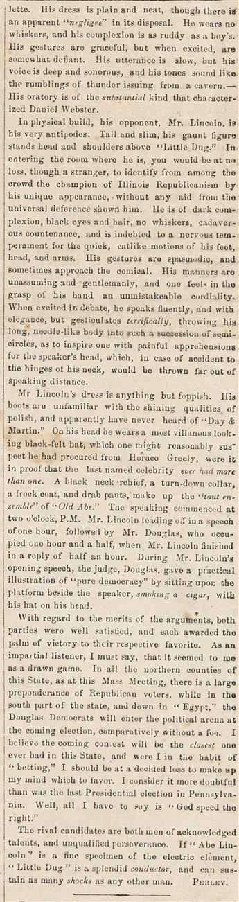 (ABRAHAM LINCOLN.) Long first-hand account of a Lincoln-Douglas debate, written exclusively for an issue of the Essex County Mercury.